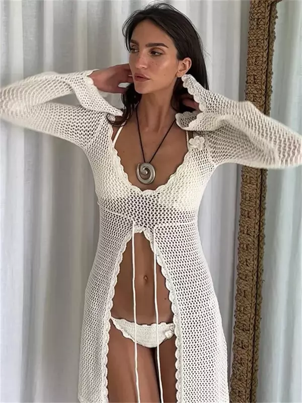 Whitte Hollow Out Knitwear Cover up Beach Female Dress Long Sleeve Lace-Up Scoop Neck Loose Mini Dress Female Clothes 2024