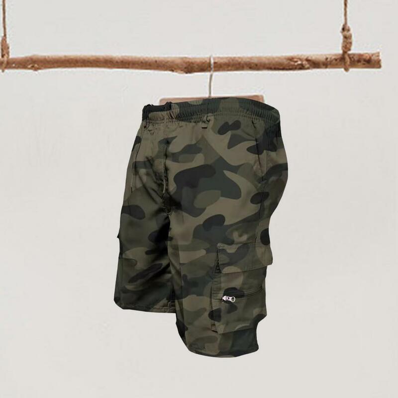Men Cargo Shorts Drawstring Elastic Waist Multi Zipper Pockets Breathable Camouflage Knee Length Sports Short Pants Male Clothes