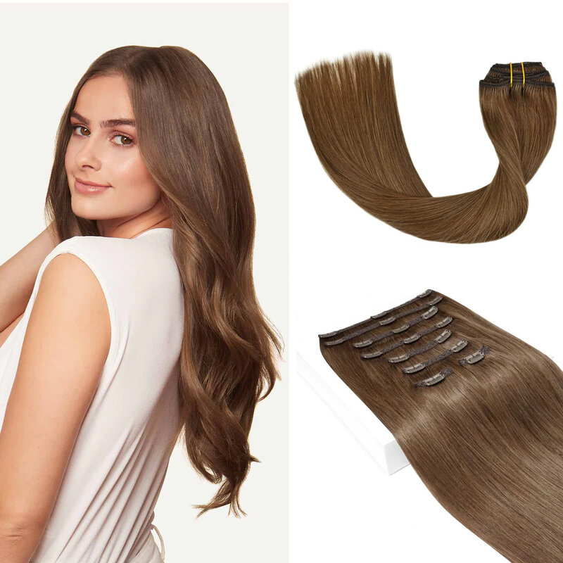 女性のための人間の髪の毛のエクステンション,太い栗の泡のヘアクリップ,ダブル横糸,120g, 8グレード,柔らかく風通しの良いストレートクリップ,8個,#6