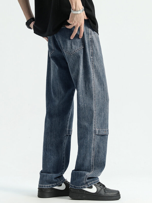 Jean Vintage Bleu Délavé pour Homme, Pantalon Droit, Vêtement à la Mode