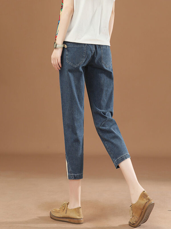 Patch Designs Calf-length Harem Vaqueros High Elastic Waist Korea Casual Mom Jeans Women Summer Streetwear Pencil Denim pants