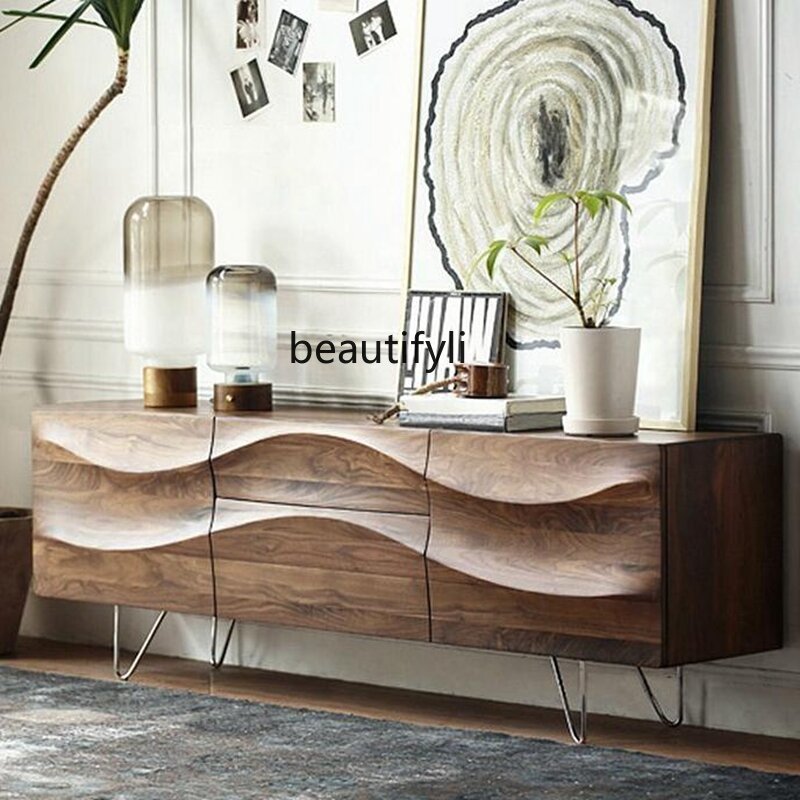 Yj-armario de madera de nogal negro para TV, mueble nórdico minimalista de madera maciza para TV, aparador