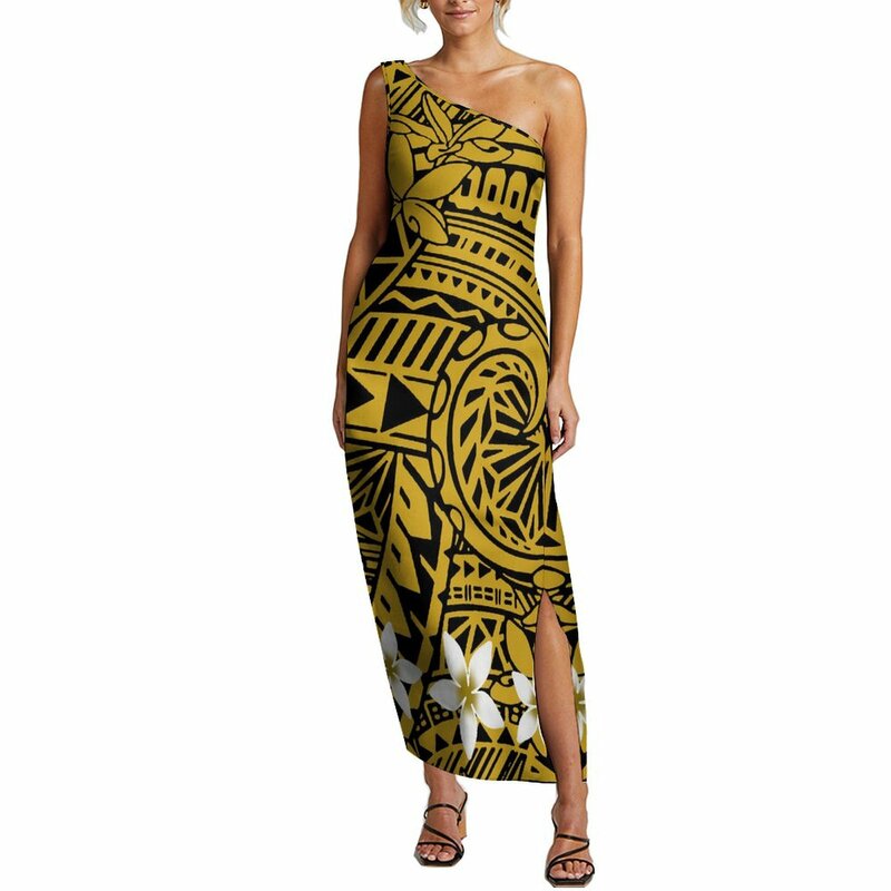 Gaun pesta panjang satu bahu desain baru 2024 gaun kasual ukuran besar pakaian kustom cetak bunga Hawai wanita