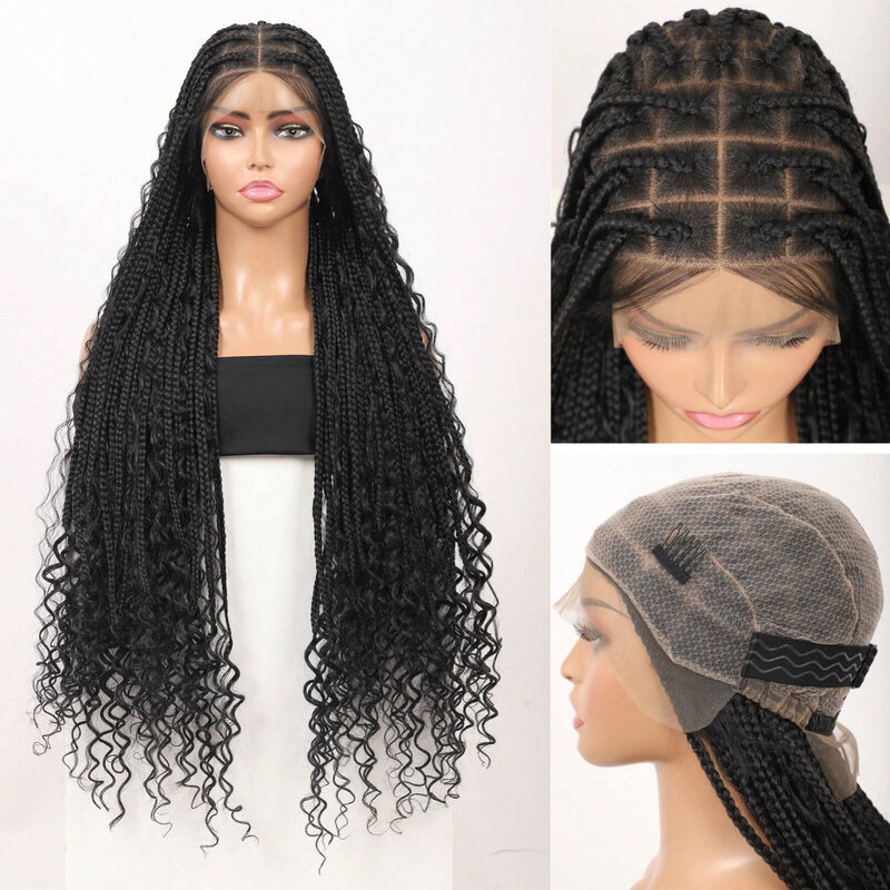 Wig kepang Afro berenda hitam panjang rambut kepang 36 "hitam renda dikepang kotak tanpa simpul Wig Jalin renda sintetis Wig depan