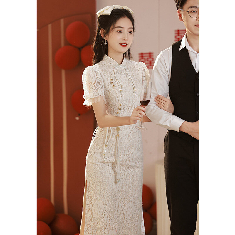 Vestidos chinos tradicionales para mujer, vestido Cheongsam blanco, encaje Sexy, Qipao, boda, banquete, noche