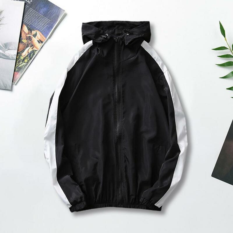 남성용 자외선 차단 후드 재킷, 야외 활동용 지퍼 클로저, 컬러 매칭 디자인, 경량