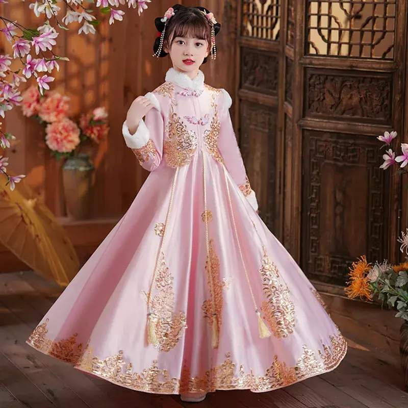 Dziewczęce czerwone chińskie noworoczne ubrania dla dzieci zimowe strój Tang Cheongsam dziewczęca sukienka w kwiaty starożytna księżniczka Hanfu kostium dla dzieci