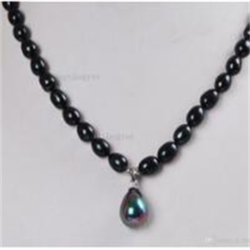 7-8MM czarny Akoya hodowane perły/muszla perły wisiorek (12x16MM) naszyjnik 18 "R9
