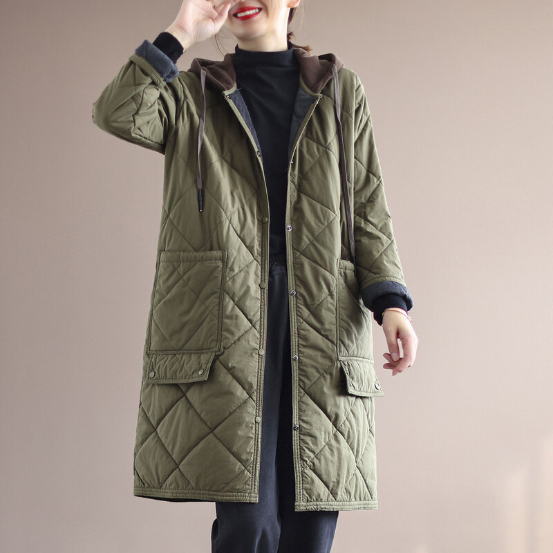 2023 Fashion giacca monopetto in cotone a vita larga da donna inverno nuovo diamante con cappuccio sciolto cappotto spesso Streetwear di media lunghezza