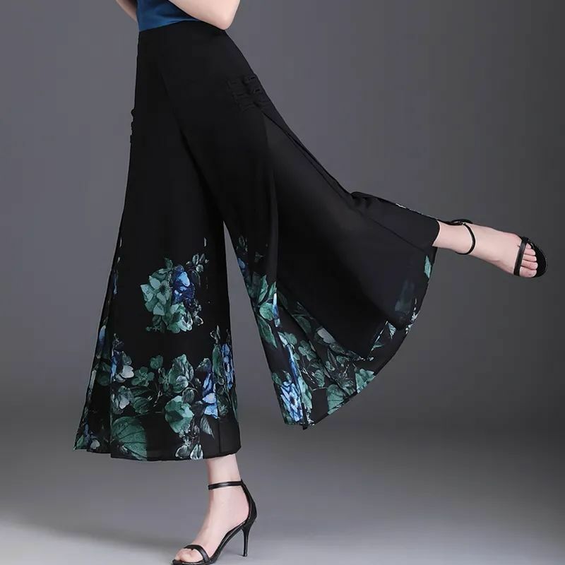 Pantalon large en mousseline de soie pour femme, style chinois vintage, taille haute, imprimé patchwork, poche, bouton, droit, court, été