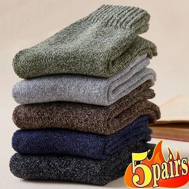 5 Pairs Winter Warm Men’s Socks Wool Male Women Socks Super Thicker Solid Color Stripe Merino Wool Against Cold Snow Terry Socks