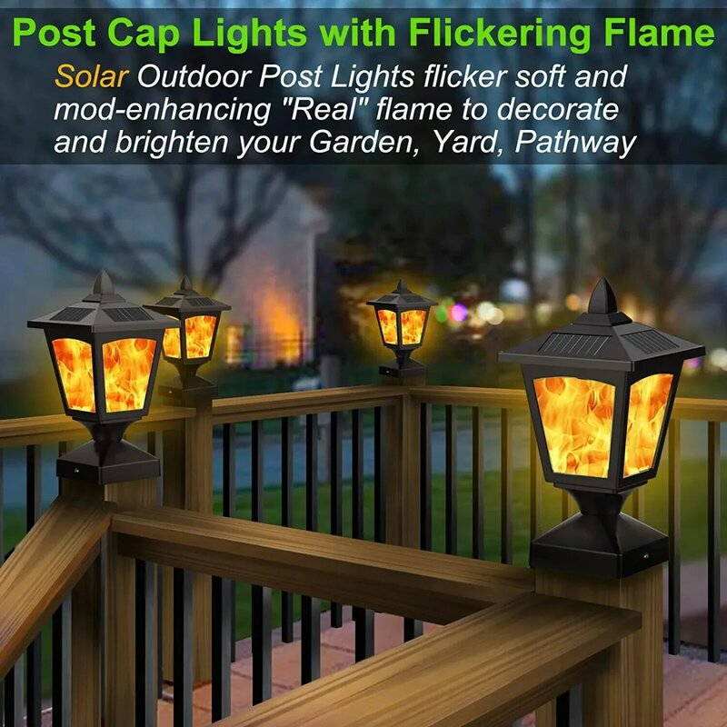 2 Pcs Outdoor Flame Light Solar Post Deck Fence Cap Waterproof Flickering Lights