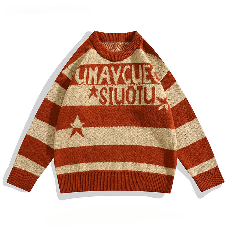 Осенне-зимний вязаный жаккардовый свитер в полоску для мужчин и женщин в стиле High Street нишевые пуловеры в стиле ретро для ленивых пар