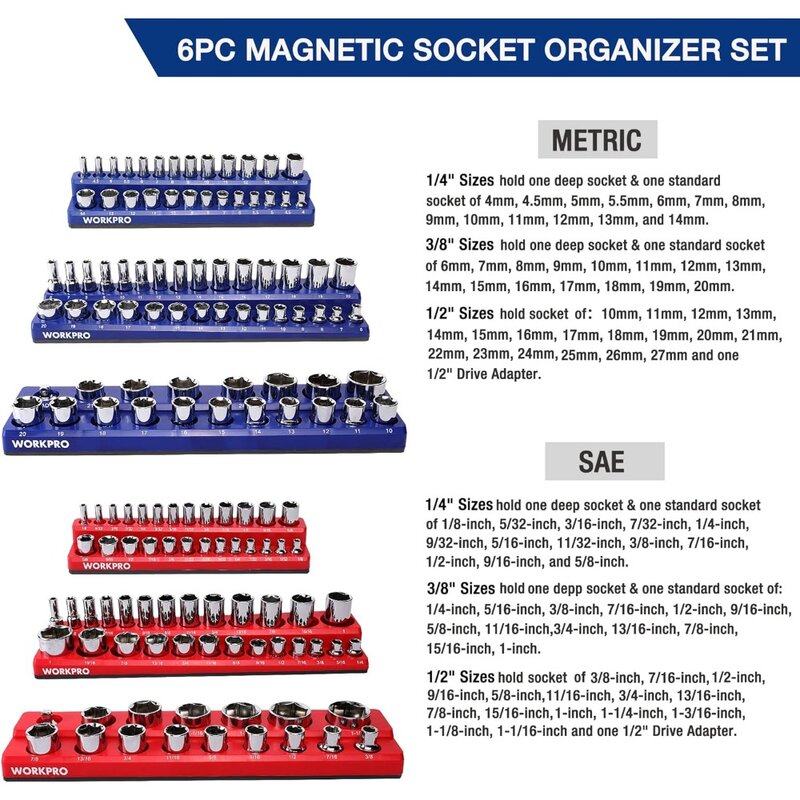Conjunto organizador do soquete magnético, suporte do soquete, inclui 1,4 ", 3,8", 1,2 "Drive Metric SAE Socket Trays, 6 pcs