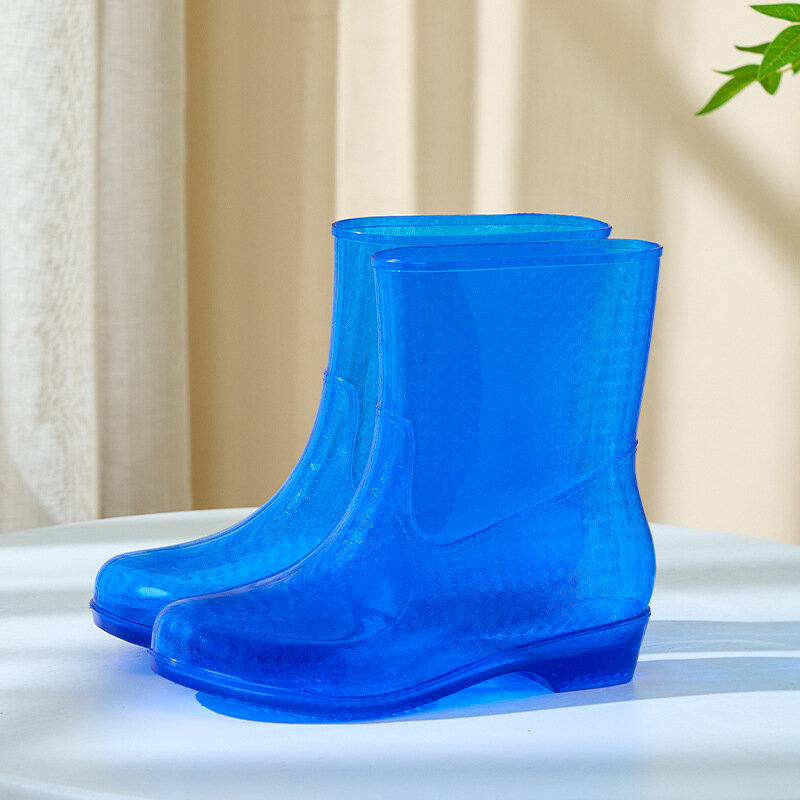 Sepatu bot hujan PVC transparan untuk wanita, sepatu bot pendek antiselip, sepatu bot hujan setengah betis tahan air, sepatu bot air slip-on untuk wanita