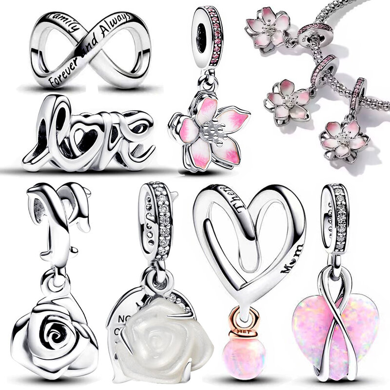 925 Sterling Silver Double Heart Charm Beads, adequado para pulseira Pandora original, DIY Jóias das Mulheres, amo sua mãe, novo, 2024