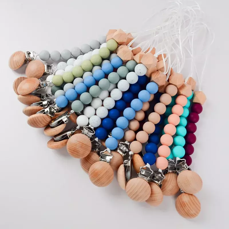 Baby Pacifier Clip Wood Color Silicone Bead Infant Teether Soother Anti-drop Chain Newborn Safe Teething Toy Dummy Nipple Holder