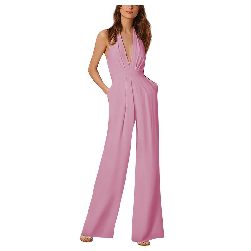 Women'S Banquet Dress Jumpsuits Sexy Hanging Neck Deep V Folds Rompers Elegant Fashion Solid Loose Wide Leg Trousers Jumpsuits