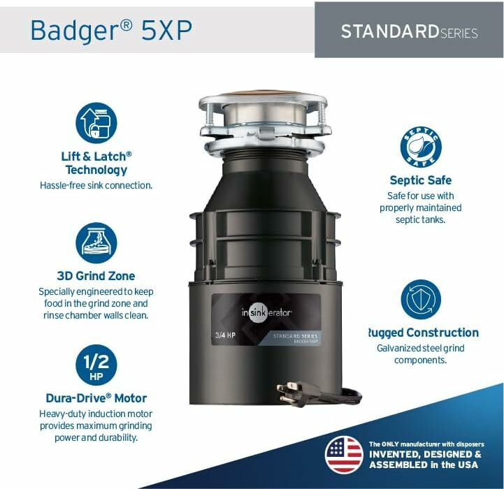 InSinkErator Badger 5XP Garbage Disposal with Power Cord, Standard Series 3/4 HP Continuous Feed Food Waste Disposer, Badger