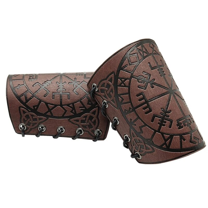 Accesorios de Cosplay Retro Vegvisir, armadura de brazo de cuero en relieve, pulsera Medieval marrón, 1 par