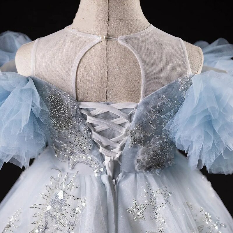 Jill Wish luksusowy niebieski dziewczęca sukienka w kwiaty dubajski z koralikami arabskiej księżniczki dla dzieci długa suknia balowa na przyjęcie weselne 2024 J387 فساتي