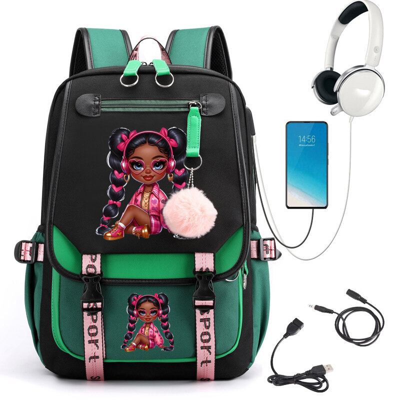 Tas ransel sekolah anak perempuan motif gadis Afro cantik tas sekolah gambar kartun imut untuk pelajar remaja tas buku ransel Laptop remaja