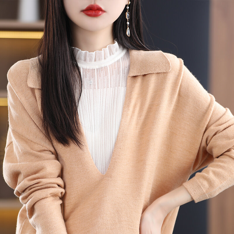 Pakaian Musim Semi 2023 Sweter Leher-v Besar Gaya Menengah dan Panjang Baru Sweter Atasan Sweter Gaya Malas Longgar Wanita