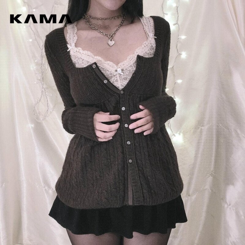 Grunge Y2K Vintage sweter z długi jednorzędowy rękawem kardigan estetyczny Kawaii dzianina t-shirt damskie ubrania