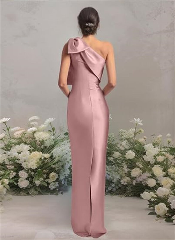 Gaun Prom putri duyung satu bahu untuk wanita gaun koktail tanpa lengan Satin panjang ketat gaun malam Formal dengan belahan belakang