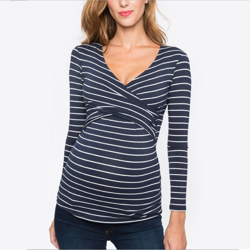 T-shirt décontracté à manches longues pour femmes enceintes, chemise d'allaitement, chemise d'allaitement, t-shirt de grossesse à rayures en Y, ALTERBlouse, nouveau