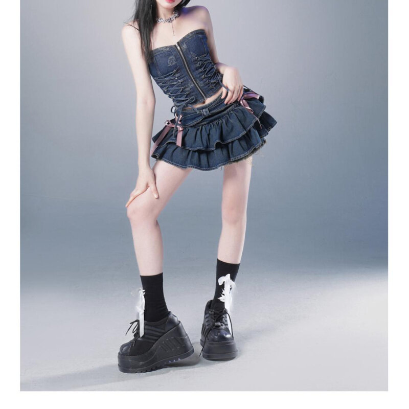 Deptown koreańska słodka dżinsowa Mini spódniczka damska marszczona Kawaii kokardka spódnica Vintage lato Cutecore czarna krótkie spódniczki