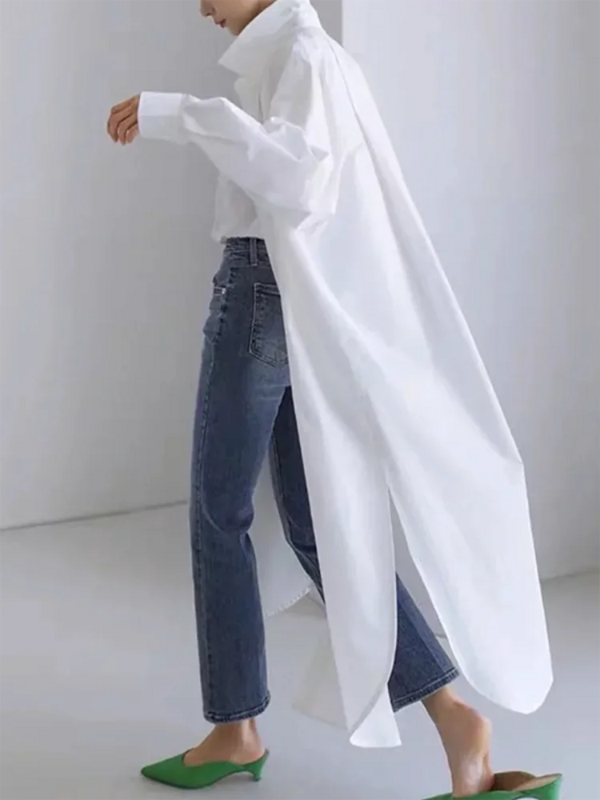 여성용 단색 화이트 코튼 블렌드 셔츠, 라펠 칼라, 긴팔 아우터, 캐주얼 얇은 트렌치 코트, 2024 여름