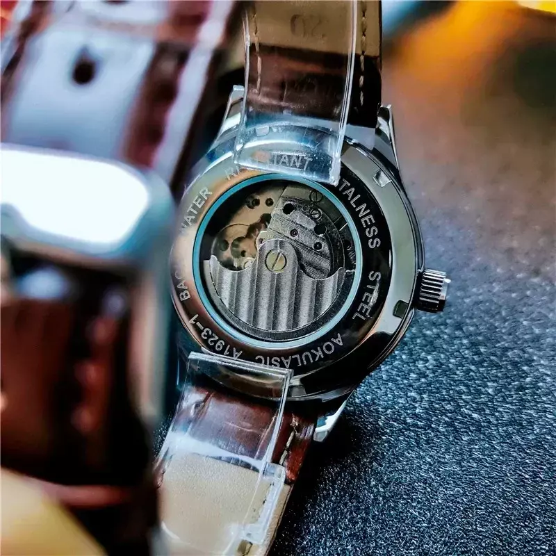 Мужские автоматические механические часы с отверстием снизу, повседневные мужские часы с кожаным ремешком и фазой Луны, 2022