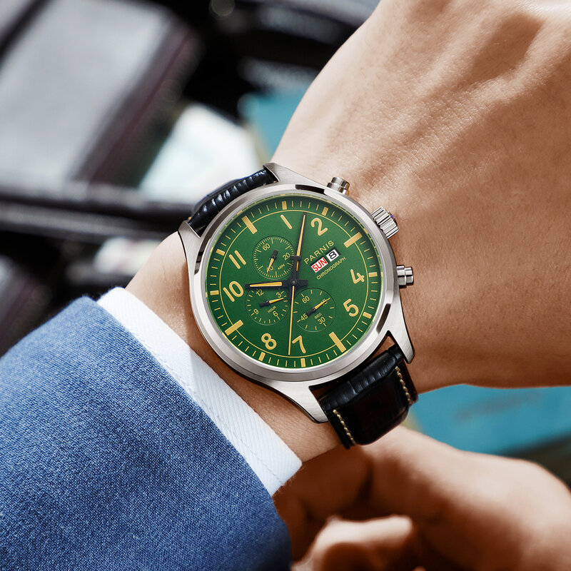 Parnis 43มม.นาฬิกาสีเขียวควอตซ์ Chronograph ปฏิทิน100M กันน้ำสายหนังผู้ชายนาฬิกาข้อมือของขวัญกล่อง2022นาฬิกา