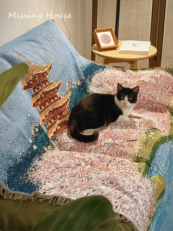 Романтическое хлопковое плетеное одеяло в виде Луны, яркой сакуры, цветущей вишни, декоративное одеяло для дома, индивидуальный подарок, чехол для дивана, коврик