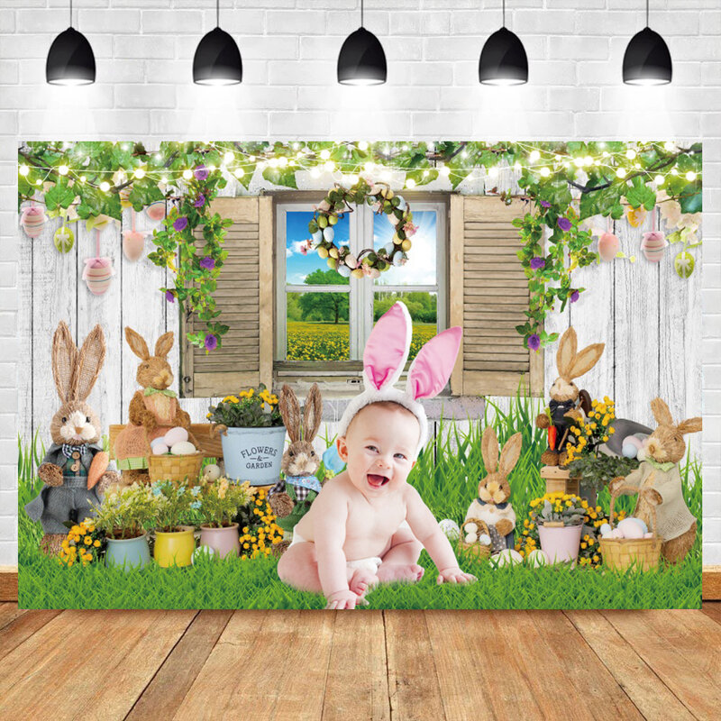 Toile de fond murale de planche de bois de Pâques, lapin de jardin de printemps, œufs de Pâques, couronne de fleurs, portrait de bébé nouveau-né, arrière-plan de photographie