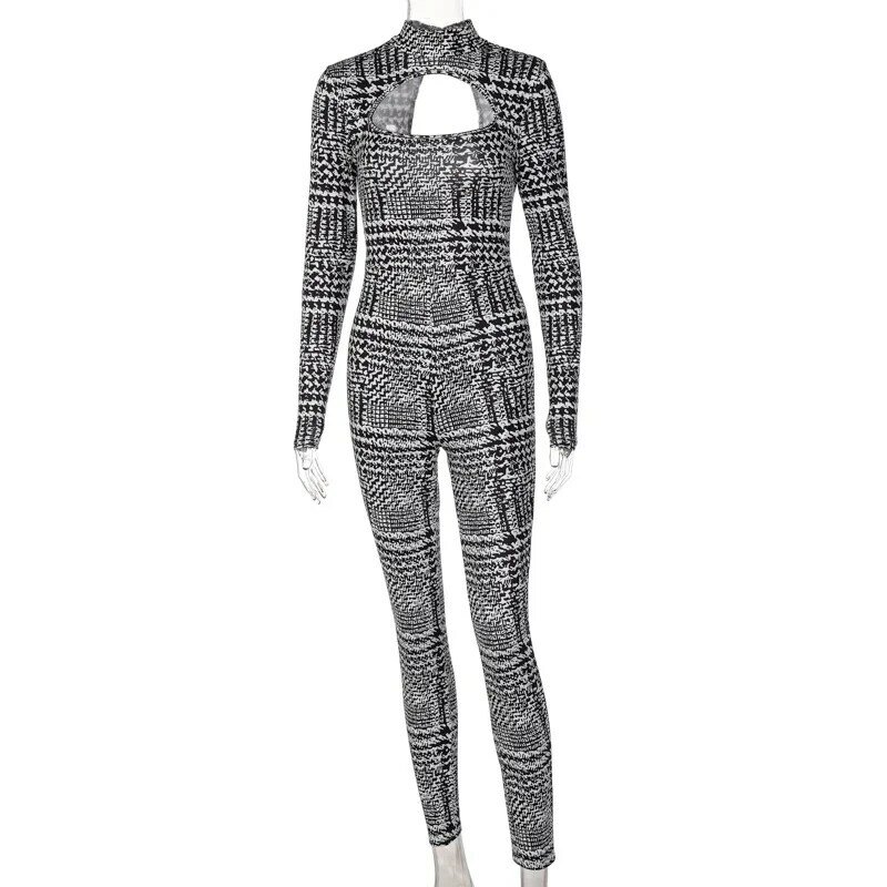 Laço corante xadrez impressão feminina manga longa oco para fora macacão magro sexy streetwear roupas esportivas 2023 inverno