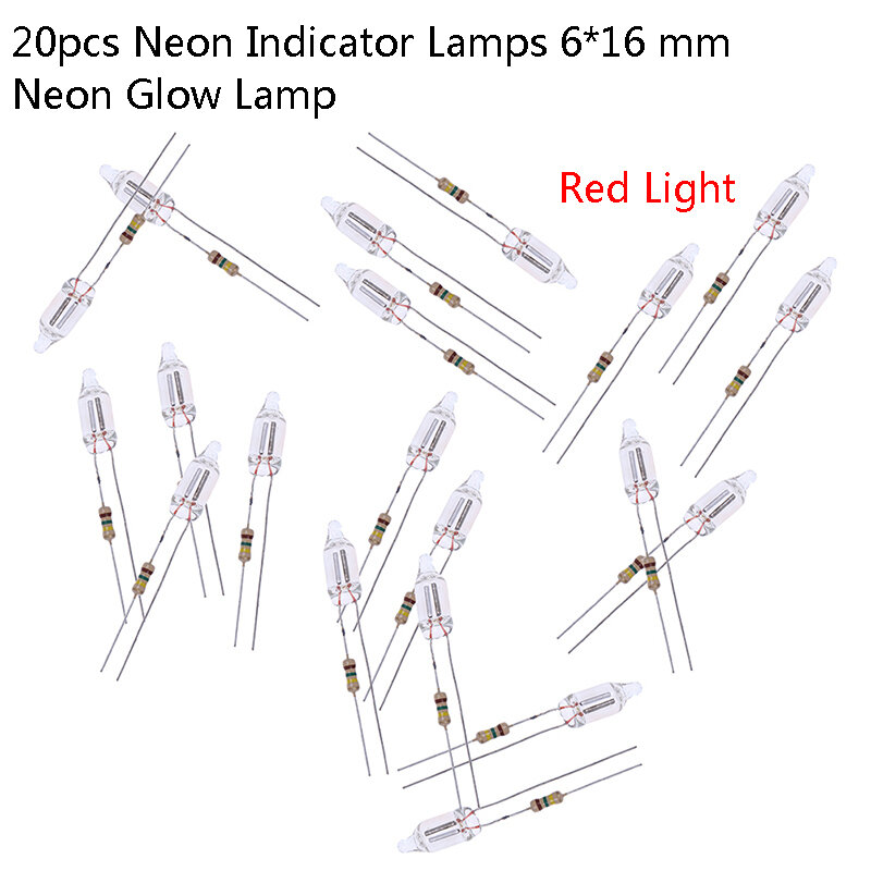 Neon Glow Neon Indicator Lamps, Lâmpadas de Brilho com Resistência, 220V, 6x16mm, 20Pcs