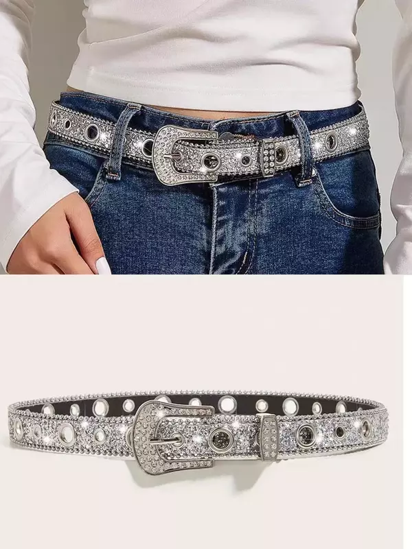 New Goth for rhinestone Belts Women PU Leather Strap for rhinestone Belts Western Cowboy Y2K Girls Fashion Belt for Jeans Men