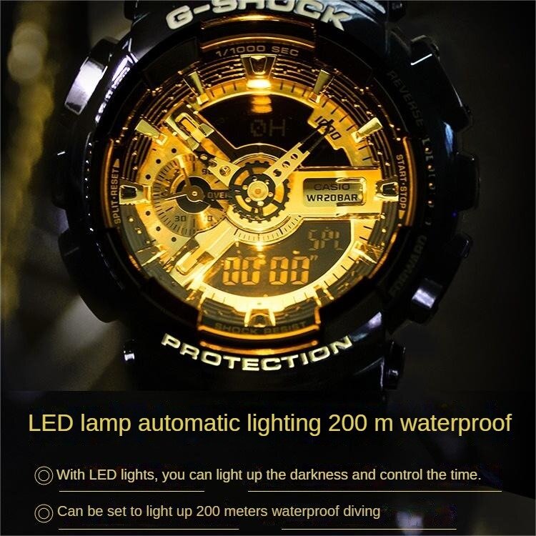 G SHOCK GA-110 Gold Watch for Men 20Bar Waterproof Sports Watch Automatic LED Raised Hand Lights Up Alarm Clock Date Stopwatch