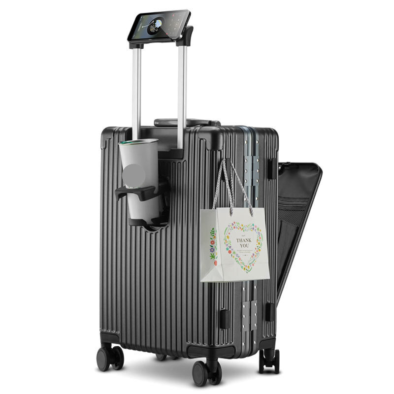 Nuova valigia apertura anteriore telaio in alluminio rotolamento bagagli Spinner USB portabicchieri supporto per telefono cabina portabici borsa da viaggio Unisex