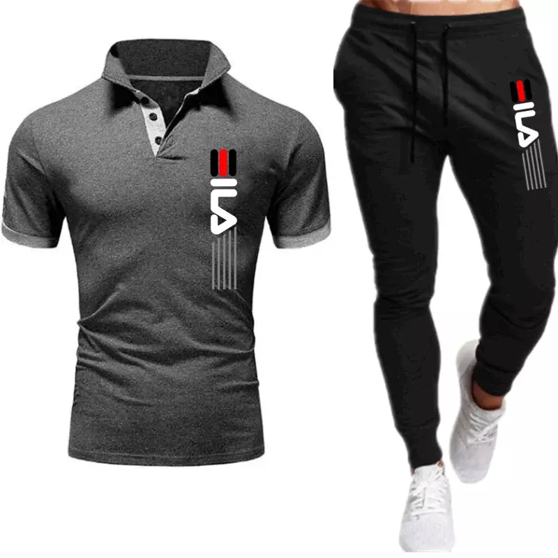 Men's Trousers Tracksuit 2 Piece Set Printed Summer Jogger Sportswear Short Sleeve POLO Shirt+Long Pants Casual Street Clothes