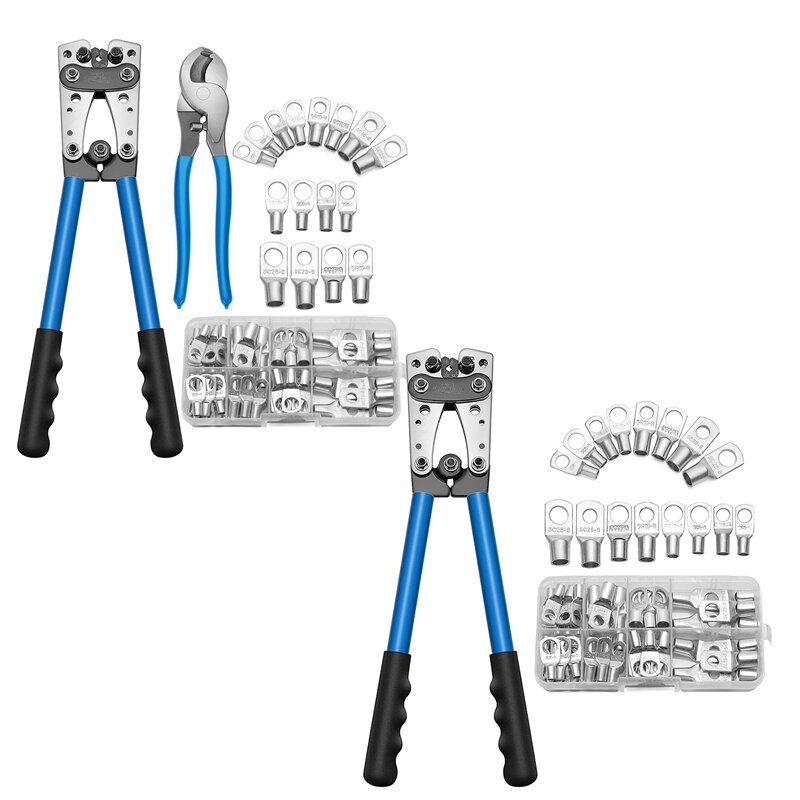Battery Cable Lug Crimp Tool For AWG 10, 8, 6, 4, 2, 1 Terminal And 60 Piece 8Specs Cable Lug Kit