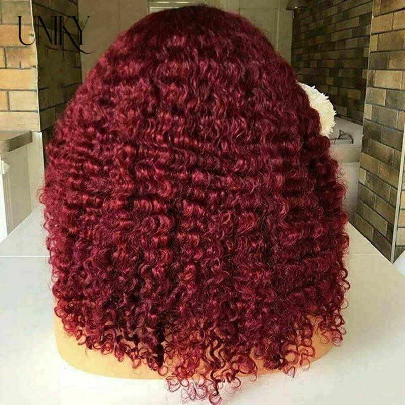 Perruque Bob Lace Front Wig naturelle bouclée, cheveux humains crépus, couleur rouge bordeaux noir 99J, 13x4, pour femmes