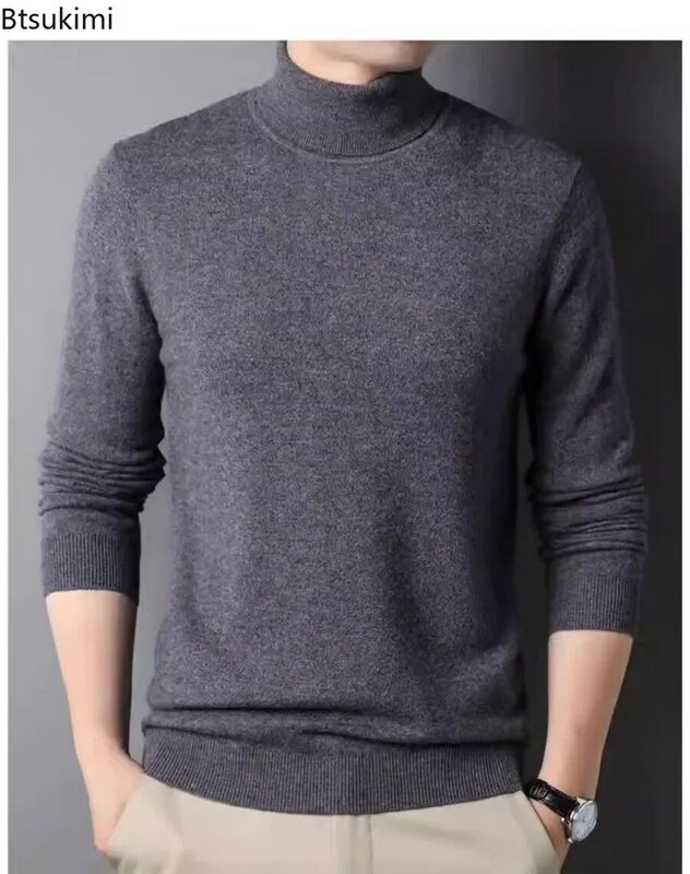 남성용 단색 스웨터, 하이 칼라, 편안한 따뜻한 니트웨어, 캐주얼 슬림 풀오버, 패션 남성 의류, 2024 가을, 겨울
