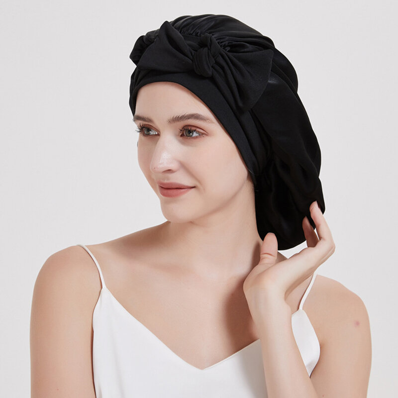 100% Topi Tidur Sutra Murbei untuk Wanita Topi Tidur Besar dengan Pita Dasi Elastis Lebar untuk Perawatan Rambut Kepang Gimbal Keriting