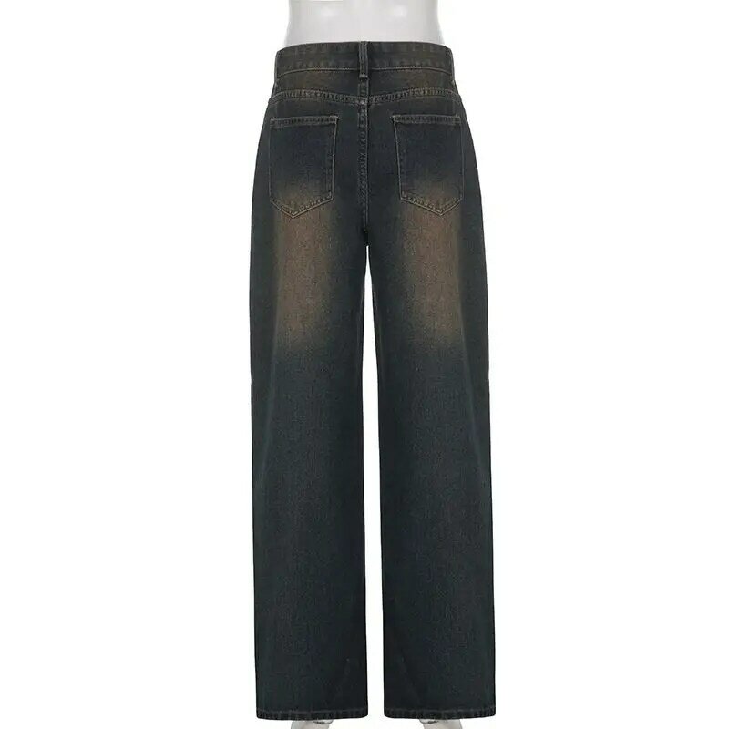 Женские винтажные мешковатые джинсы QWEEK Y2k с высокой талией, Корейская уличная одежда, широкие брюки, прямые брюки оверсайз с эффектом потертости, одежда для гранжа