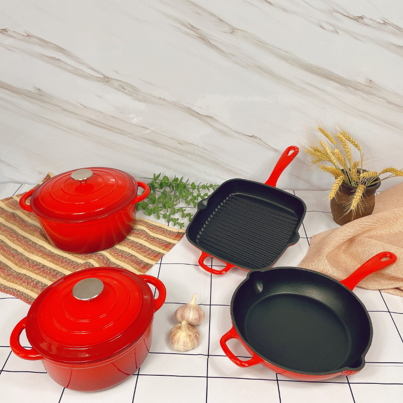 High Quality 10 Piece Non Stick Red Enameled Cast Iron Cookware Set