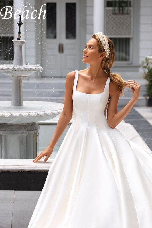 Beach Spaghetti Straps Square Collar Wedding Dresses Backless A-Line Chiffon Wedding Gown Plus Size Princess Bride Dress