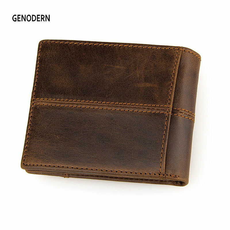 GENODERN-cartera de cuero de vaca estilo Patchwork para hombre, billetera corta de cuero genuino, marrón
